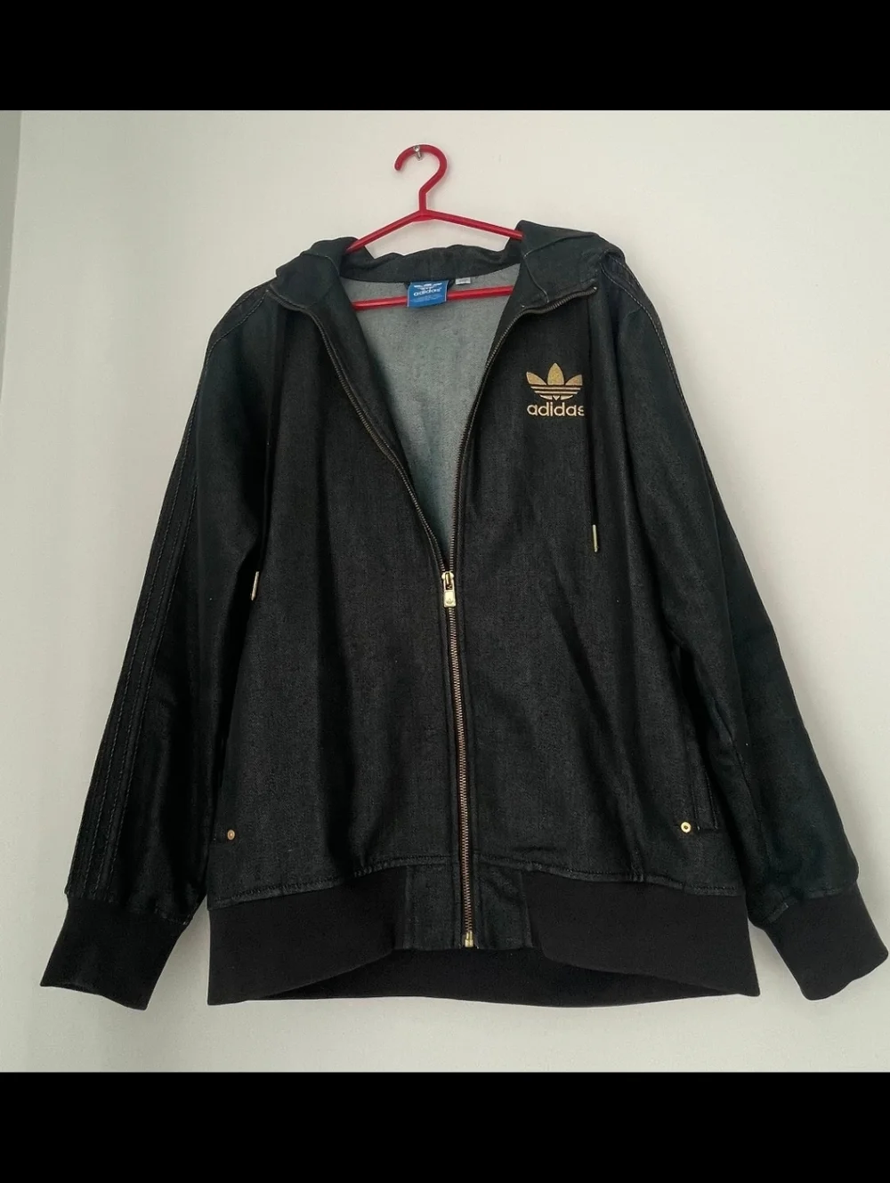 Adidas Black Denim Zip Hoodie ✦ Gold Trefoil ✦ Unisex Oversized L Y2K - Picture 4 of 7
